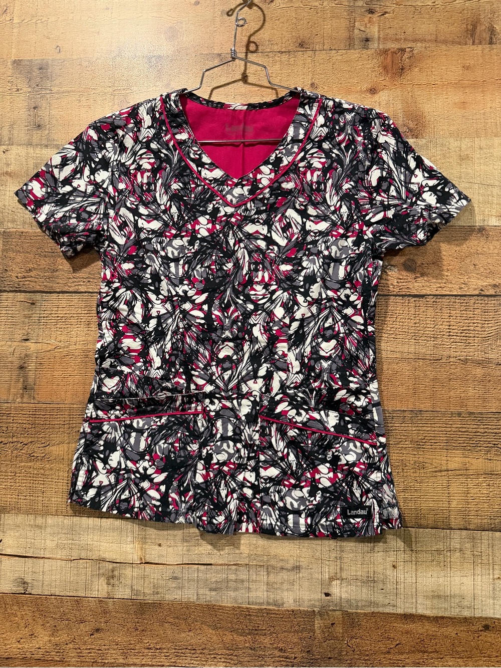 Landau Women's Short Sleeve V-Neck Scrub Top in Pink, Black & White Size XS